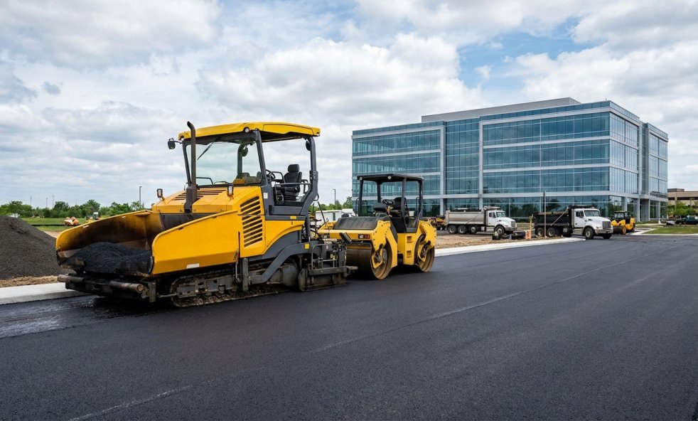 Asphalt paver and roller paving a new roadway beside a modern office building